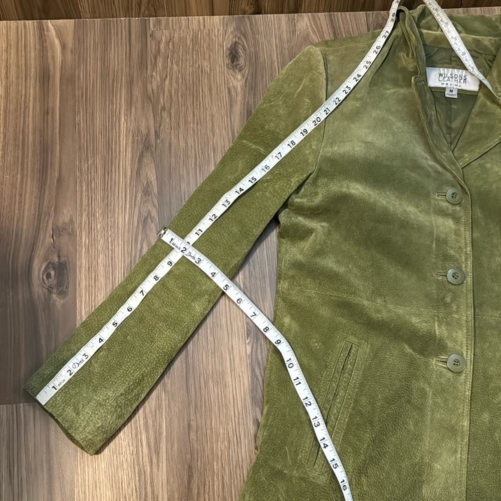 Wilsons Leather Soft Suede Vtg Avocado Green Pockets Lined Button Car Coat M - Picture 14 of 17